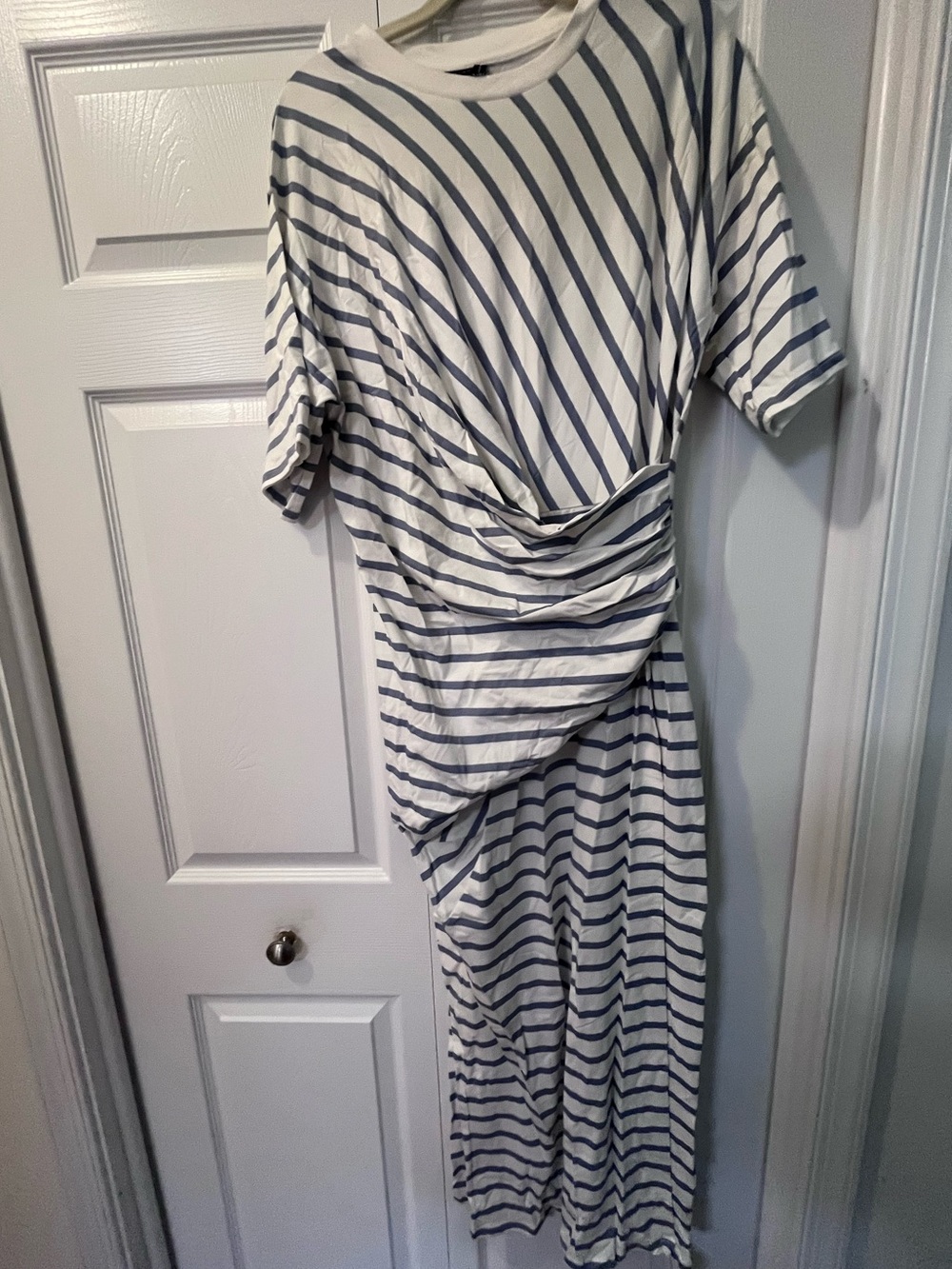 Striped Knot-Detail Short Sleeve Women’s Maxi Dress in White and Navy Stripe